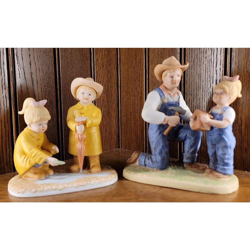 Vintage (2) Denim Days Homco Figurines Statues Puddle Jumpers Dad Girl Bird Box